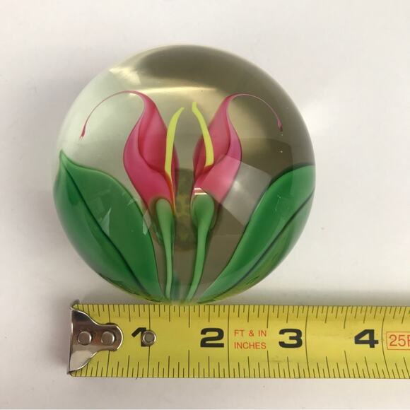 Orient & Flume Pink Callalily Flower Lampwork Paperweight Vintage Beyers Bag COA - Picture 11 of 15